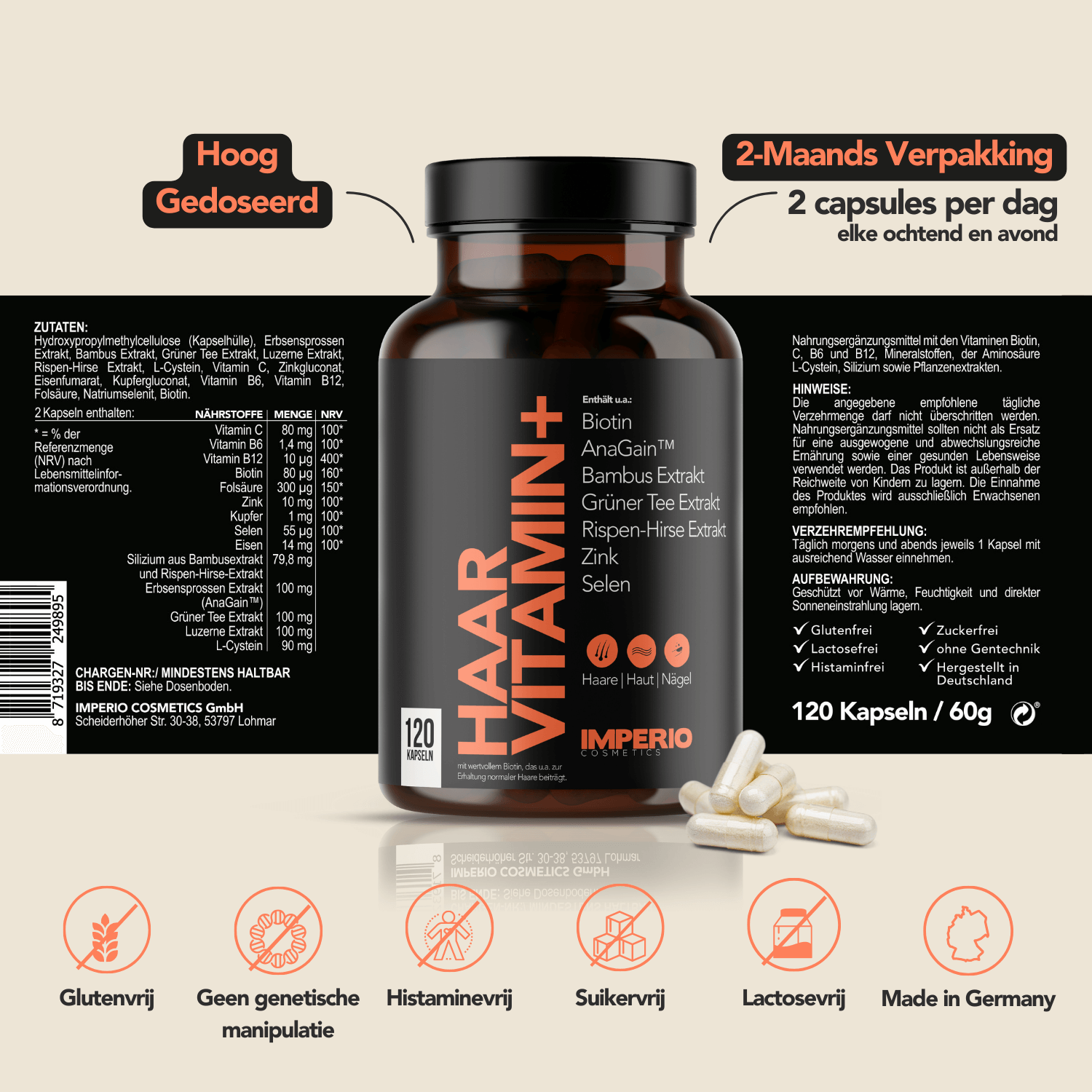 IMPERIO Haar Vitamine+ 2 Maanden - AnaGain™, Biotine, Selenium, Groene Thee, Zink - Huid Haar Nagels Vitamines