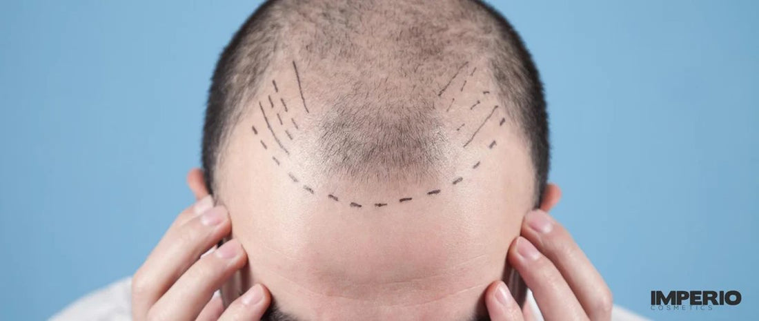 Hoofdhuid van een man met markeringen voor een haartransplantatie