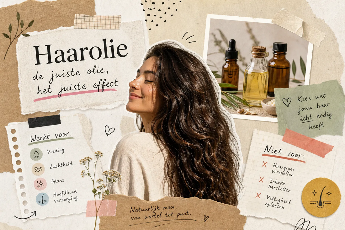Haarolie: de juiste olie, het juiste effect - vrouw met golvend haar en flesjes haarolie
