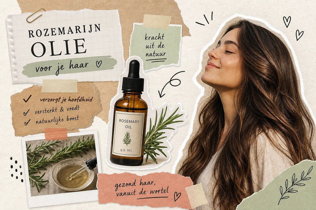 Collage met een flesje rozemarijn haarolie van 60 ml, verse rozemarijntakjes en een vrouw met lang bruin haar