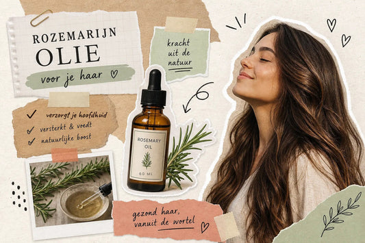Collage met een flesje rozemarijn haarolie van 60 ml, verse rozemarijntakjes en een vrouw met lang bruin haar